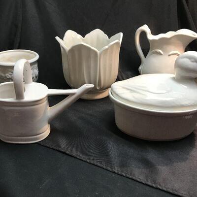 WHITE POTTERY LOT - 5 pieces - tulip pot, duck casserole, watering can, water pitcher, small majolica pot