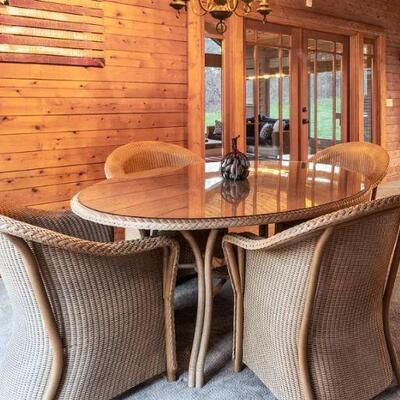  25% OFF LISTED PRICE! Resin Wicker Patio Set - 60" Table w/glass top & (4) Barrel Chairs w/cushions