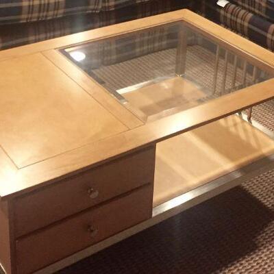 25% OFF LISTED PRICE! Wood and Glass Coffee Table w/ Drawers