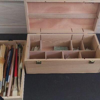 Lot 62- Wood Carrying Case with Paint and Paintbrushes