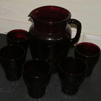 Lot 63- Set of Anchor Hocking Ruby Windsor Pitcher and Tumblers