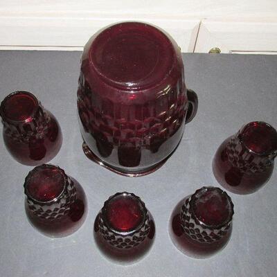 Lot 63- Set of Anchor Hocking Ruby Windsor Pitcher and Tumblers