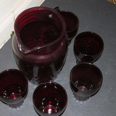 Lot 63- Set of Anchor Hocking Ruby Windsor Pitcher and Tumblers
