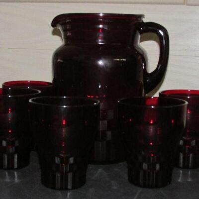 Lot 63- Set of Anchor Hocking Ruby Windsor Pitcher and Tumblers