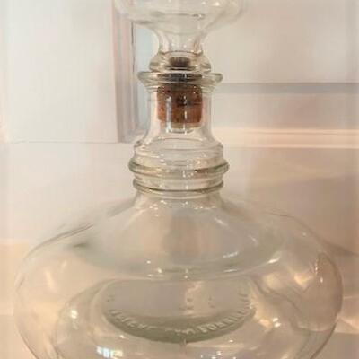 LOT#81D: 2 Vintage/Signed Pressed Glass Decanters & 1 Leather Decanter