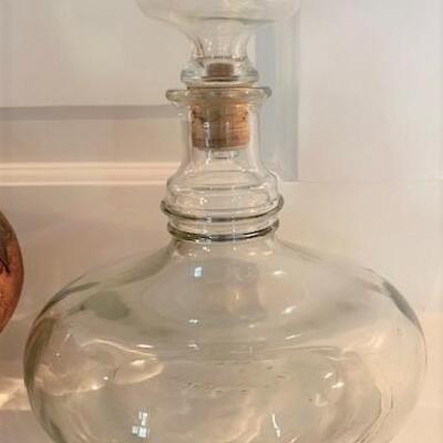 LOT#81D: 2 Vintage/Signed Pressed Glass Decanters & 1 Leather Decanter
