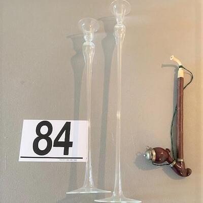 LOT#84D: 2 Glass Candle Sticks & German Hunting Pipe