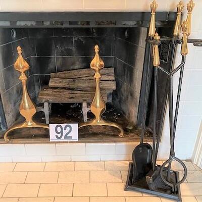 LOT#92D: High Polished Arrowtop Andirons & Fireplace Set