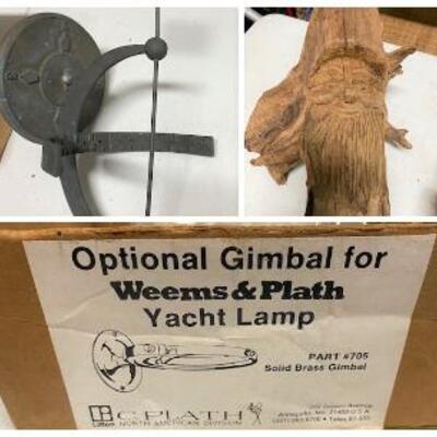 LOT#203G: Sun Dial, Yacht Lamp Attachment & Driftwood Gnome