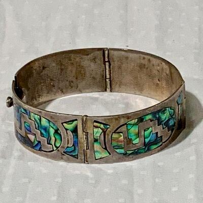 LOT 314  HINGED STERLING SILVER & ABALONE BRACELET MEXICO