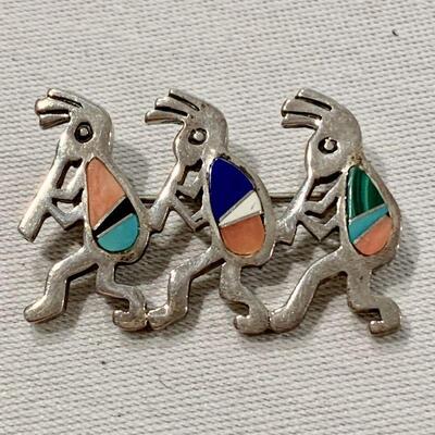 LOT 319 NATIVE AMERICAN KOKOPELLI ROCK KRITTERS STERLING BROOCH