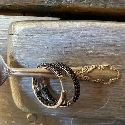 925 sterling black stone hoop earrings