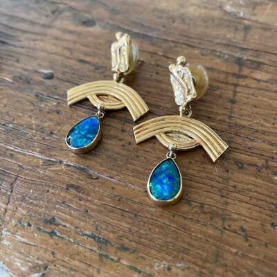 Vintage HAR signed 14K gold and blue opal earrings