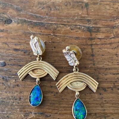 Vintage HAR signed 14K gold and blue opal earrings