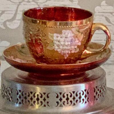 LOT 66 Cranberry Glass 4 pcs. Tall Tumbler + Cup & Saucer + 2 Small Glasses