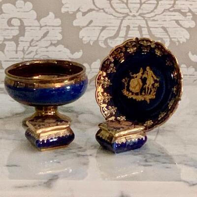 LOT 71 Blue & Gold Limoges France 4pcs Small Compote, Plate 2 Boxes