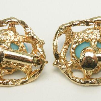 Vintage Napier Lucite Turquoise Cabochon Gold tone Earrings
