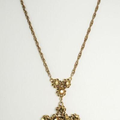 Vintage Gold Tone Arum Rhinestone Pendant Necklace