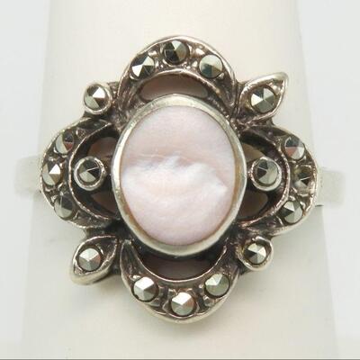 Vintage Pink Mother of Pearl & Marcasite Sterling Silver Ring