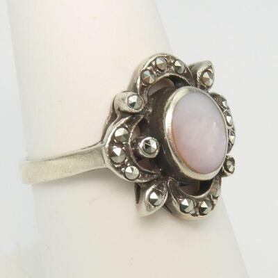 Vintage Pink Mother of Pearl & Marcasite Sterling Silver Ring