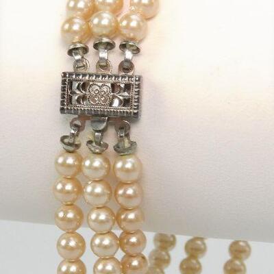 Vintage Marvella Pearl Bead Three Strand Bracelet