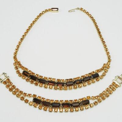 Vintage Topaz & Amber Rhinestone Necklace and Bracelet Set