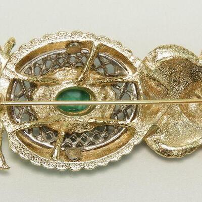 Vintage Gold Tone Owl Brooch with Green Bead Accents