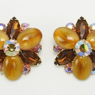 Vintage Beau Jewels Rhinestone & Honey Moon Glow Cabochon Brooch & Earring Set