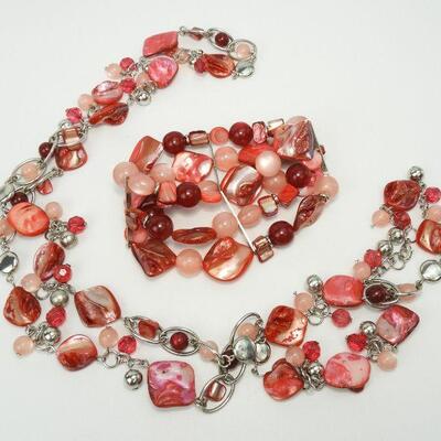 Pretty Pink & Red Bead Necklace & Bracelet Set