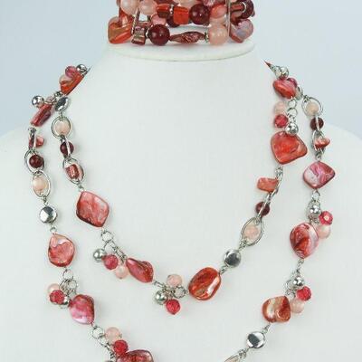 Pretty Pink & Red Bead Necklace & Bracelet Set