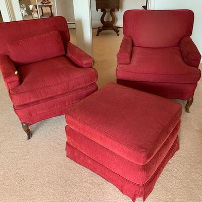 LOT 114 Pair of Red Arm Chairs 2 and Ottoman 