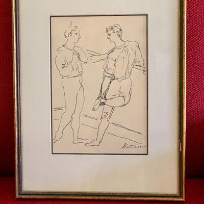 LOT 158  VINTAGE FRAMED PICASSO PRINT DRAWING OF 2 MEN 