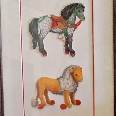 LOT 160  FRAMED ANTIQUE RIDING TOY CUT OUTS CHILDREN'S ROOM DECOR