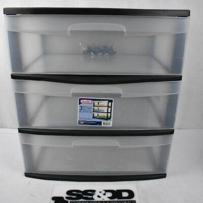 Sterilite 3 Drawer Cart with Casters. Clear/Black - New