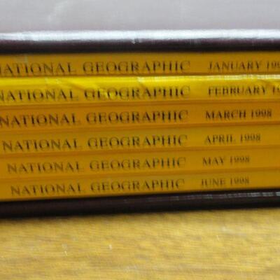 1998 National Geographic Magazine - complete set of 12 with faux leather cases Cases in great condition Books in normal good condition