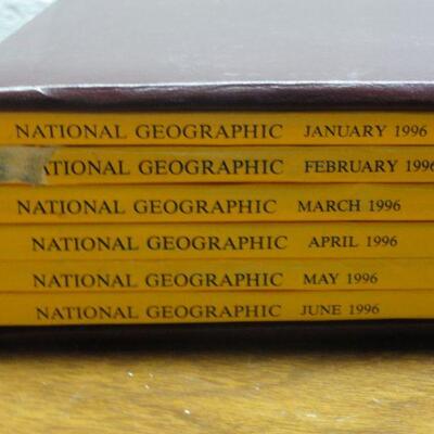 1996 National Geographic Magazine - complete set of 12 with faux leather cases Cases in great condition Books in normal good condition