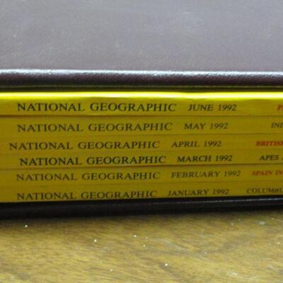 1992 National Geographic Magazine - complete set of 12 with faux leather cases Cases in great condition Books in normal good condition