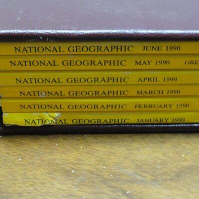 1990 National Geographic Magazine - complete set of 12 with faux leather cases Cases in great condition Books in normal good condition