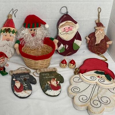 Lot #167 Wooden Santa Ornaments and Basket