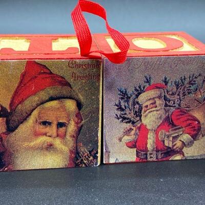Set of 4 Santa Claus Decoupage Wood Block Ornaments