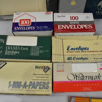 11+ pc Office SUpplies: Paper, envelopes, pencils, stapler