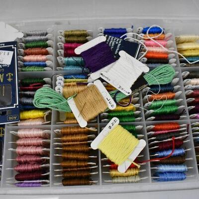 Organizer Bin of DMC Embroidery/Cross Stitch Floss Thread w/ needles & scissors
