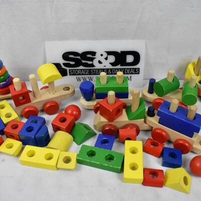Wooden Stacking Toys. 6 trains, 1 tower, 50+ pieces