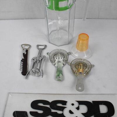 6 pc Kitchen: Glass pitcher (plastic lid) & cocktail openers & strainers