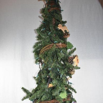 Tall Skinny Christmas Tree with Rustic Outdoor Ornaments, 6 feet tall