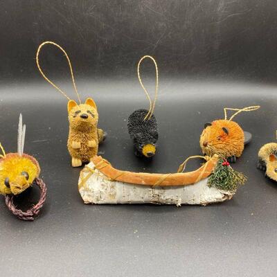 Vintage Bottlebrush Animals and Little Wood Canoe Ornaments