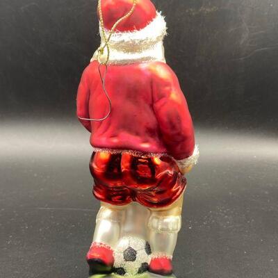Blown Glass Soccer Playing Santa Ornament