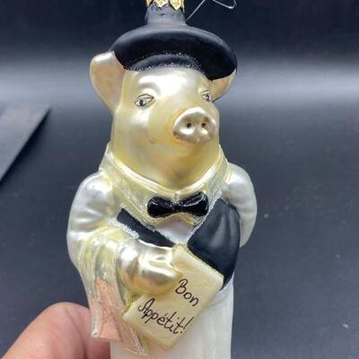 Blown Glass Bon Appetit Waiter Pig Ornament