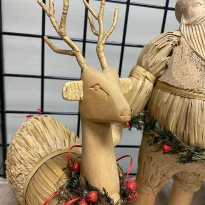 Rustic Straw Carved Santa And Reindeer