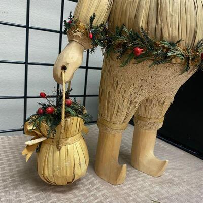 Rustic Straw Carved Santa And Reindeer